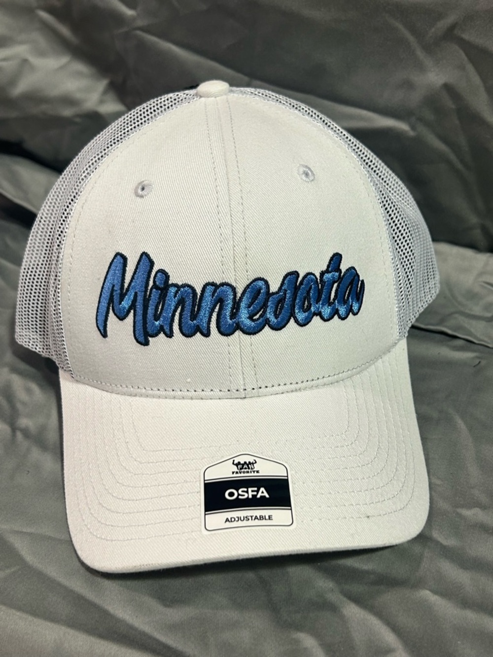 Minnesota Script Trucker Hat - White with Blue Embroidery (new without tags).